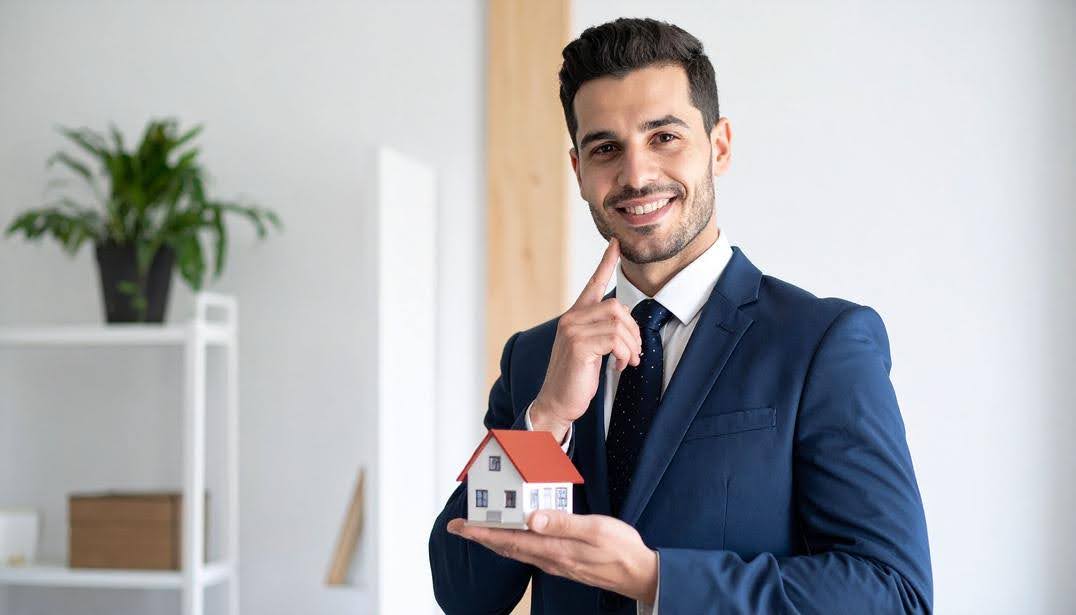 Smiling professional in a suit holding a small house model, symbolizing the steps to launch a successful home health agency in your state.