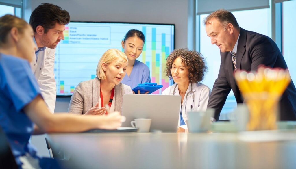 Healthcare professionals assisting an older adult, highlighting the importance of verifying a healthcare business location before opening with CTK Advisors.